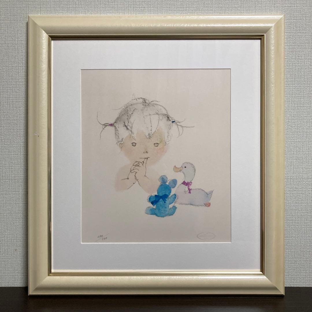 【真作保証】いわさきちひろ「 少女とぬいぐるみ」リトグラフ 印有り 版画 絵画
